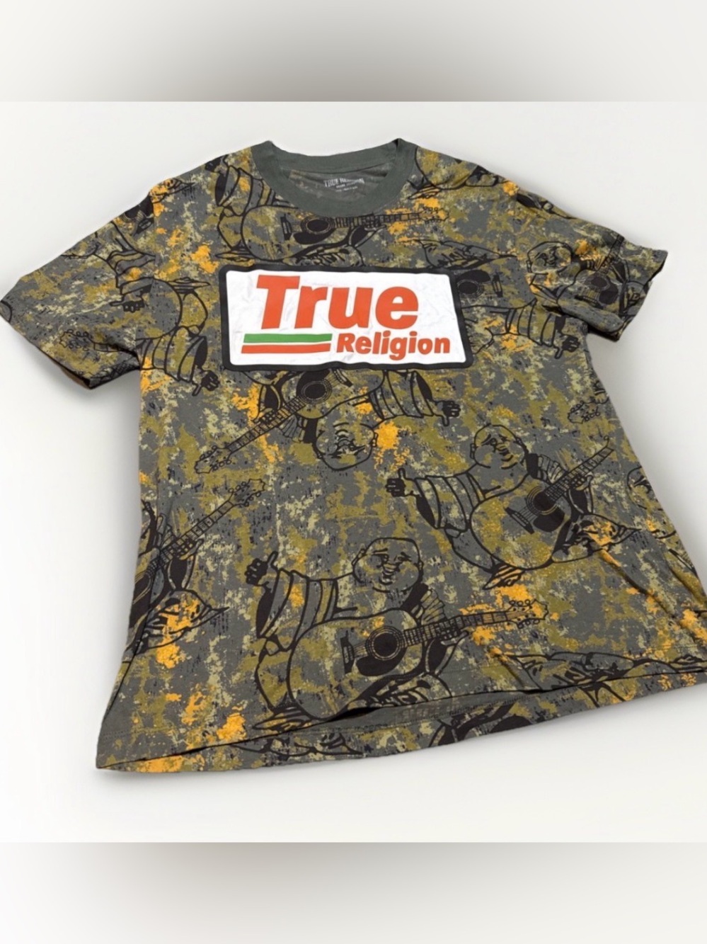 True Religion T-Shirt Men's Size L Green Camo Logo Crew Neck Tee